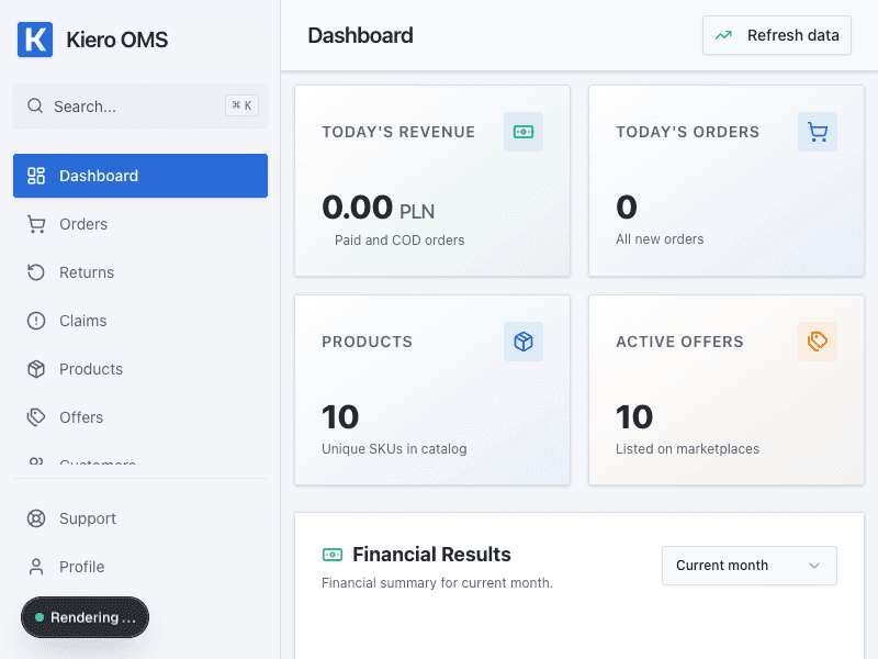 Real Kiero OMS dashboard with order summary