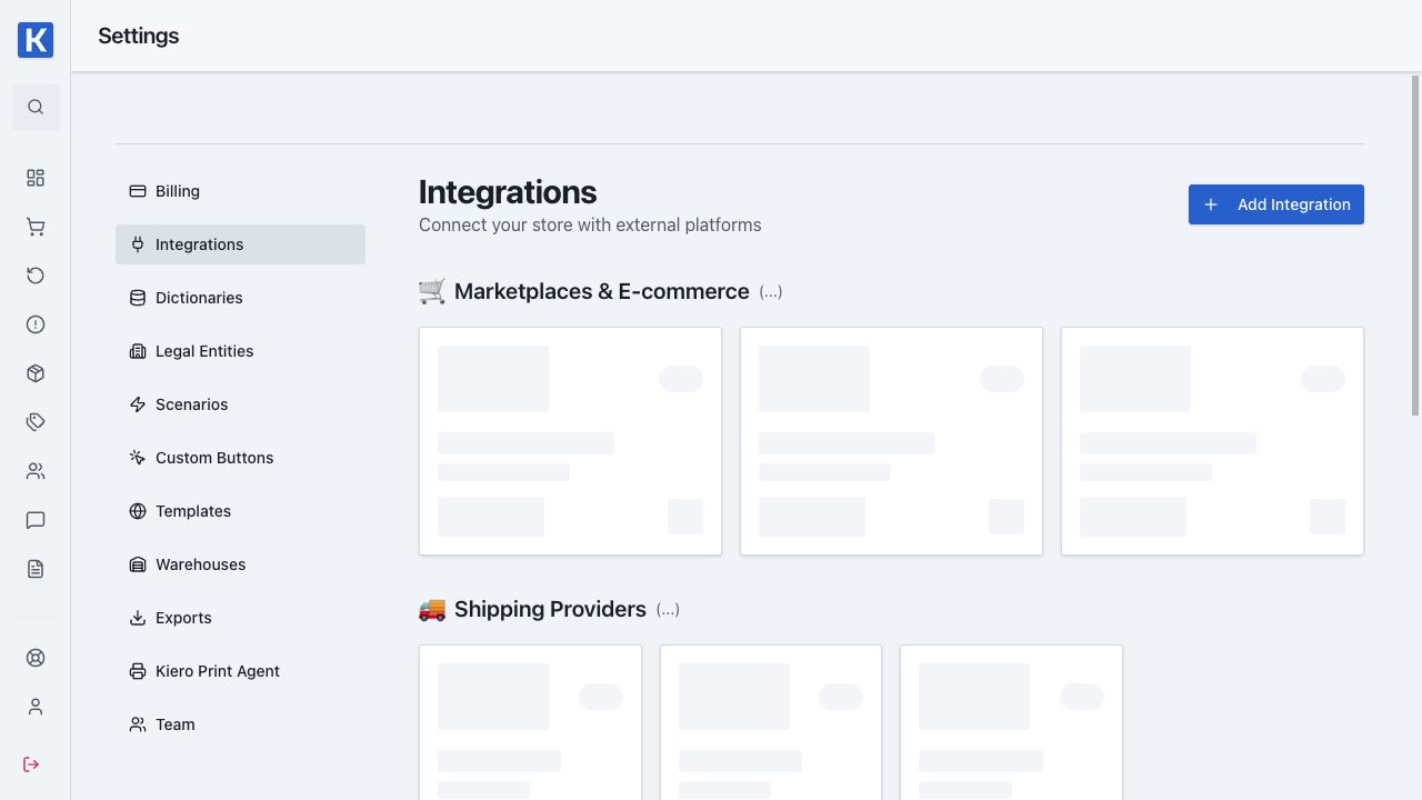 Kiero OMS integration settings — real demo data