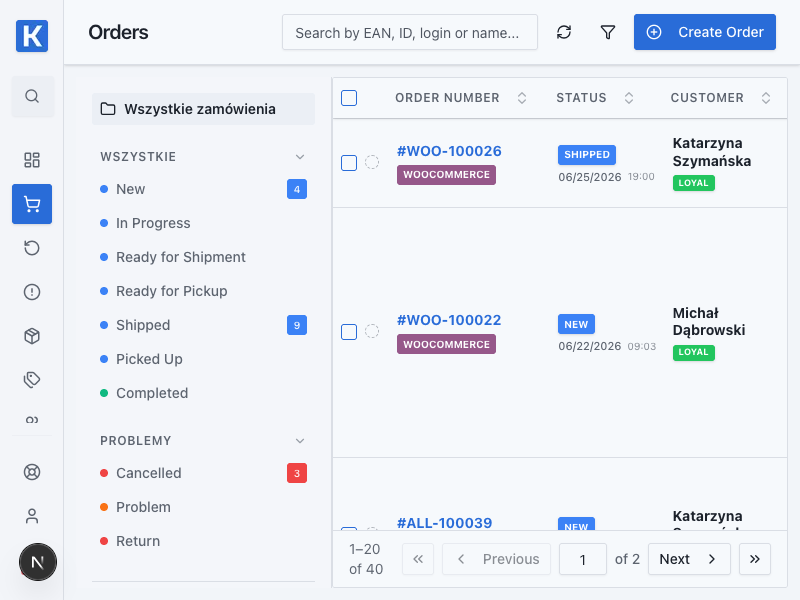 Kiero OMS order list — demo view without personal data