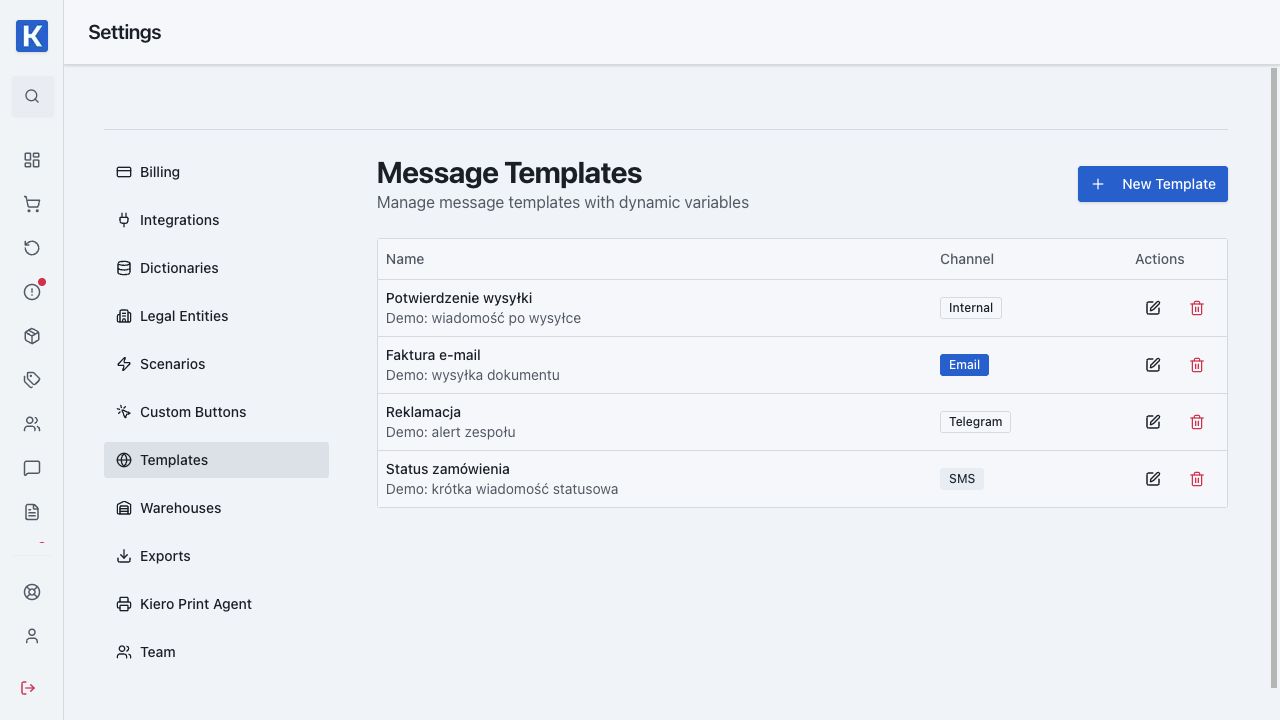 Kiero OMS message templates — real demo data