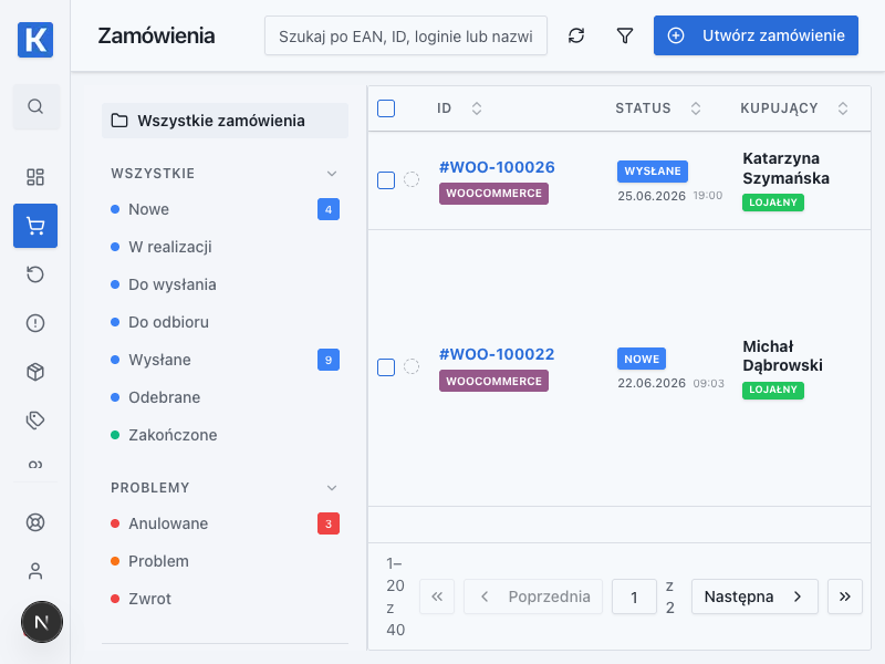 Lista zamówień Kiero OMS — widok demonstracyjny bez danych osobowych