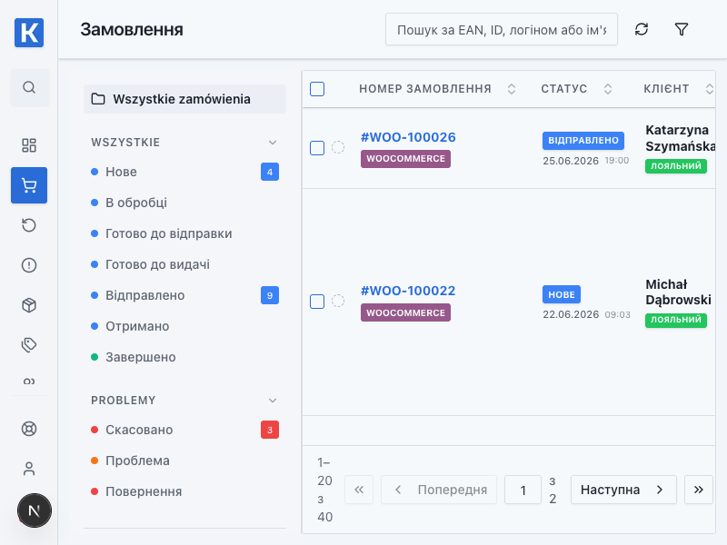 Список замовлень Kiero OMS — демонстраційний вигляд без персональних даних